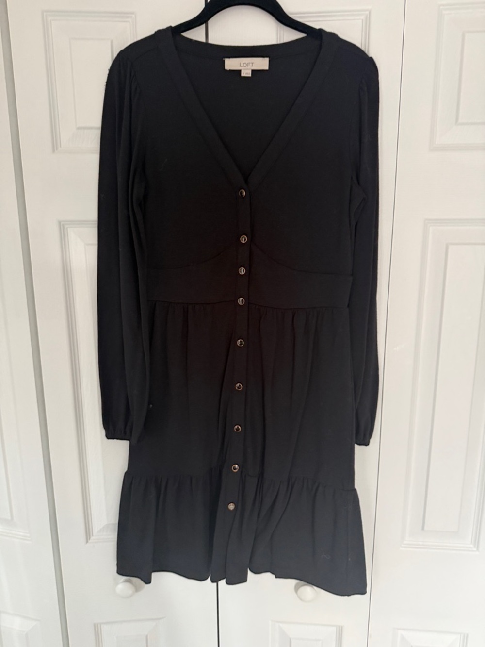 LOFT Black Button-Front V-Neck Long Sleeve Tiered Dress
